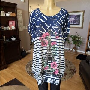 Blue & white Eiffel Tower short sleeve tunic-size XL